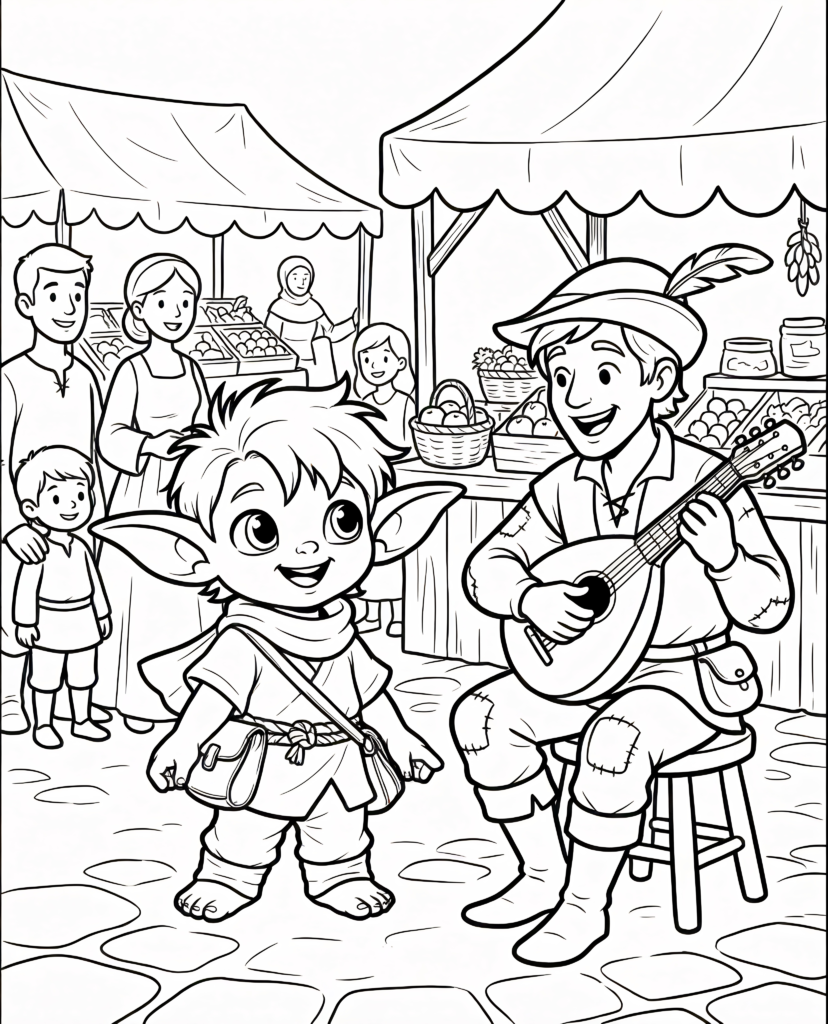 openart-Pimbly and the musician 4K Pimbly the Goblin Goes to Market. Pimbly listening to bard.